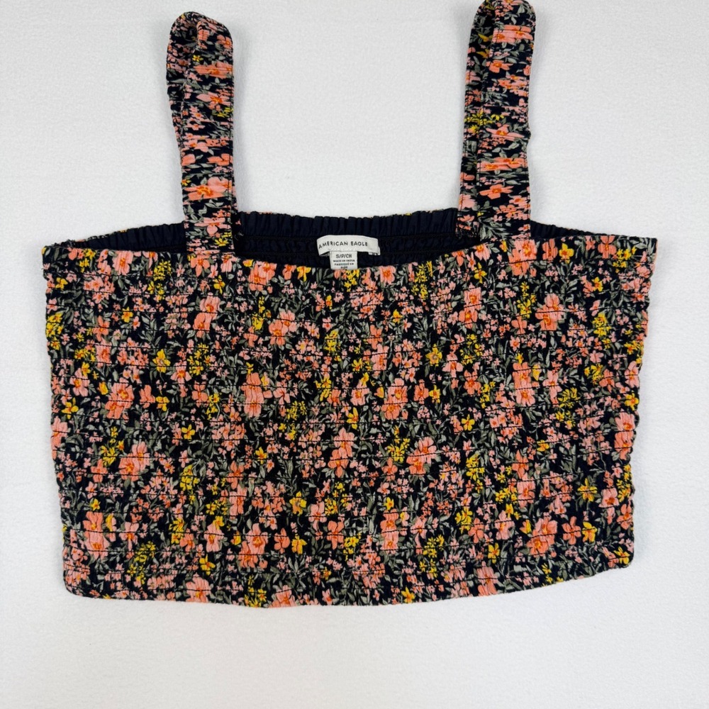 American Eagle Womens‎ Floral Smocked Crop Top Navy Pink Orange Small